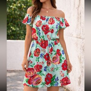 Everly Blue Floral Print Summer Dress Ruffle Sleeves